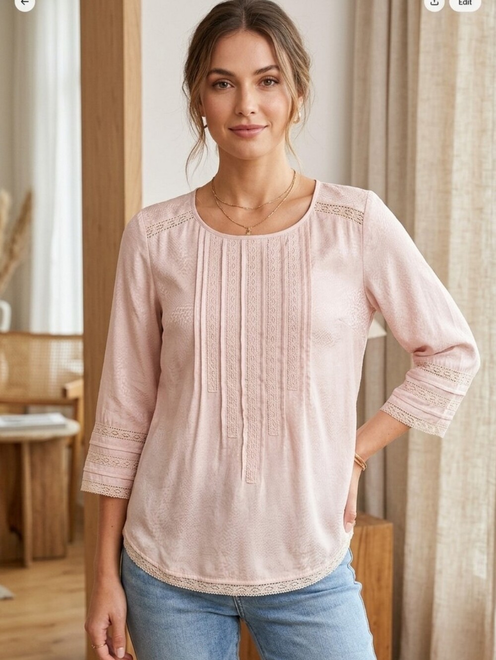 Comptoir Des Cotonniers Cream Pintuck Lace-Trim Blouse Size 38 . / Small